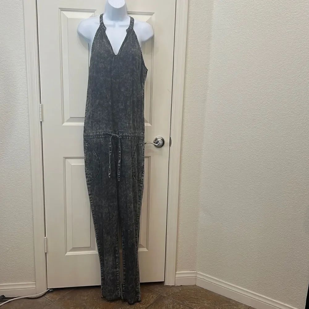 CP Jumpsuit Sz Medium Halter C Neck Tie Waist Pockets Snap Button Back 💯 Cotton